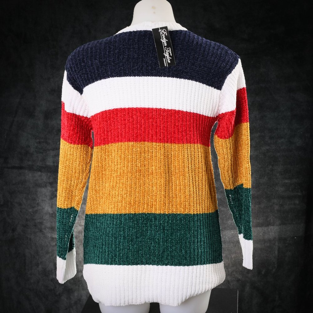 NWT Evelyn Taylor | Mustard & Navy Stripe Chenille Sweater - M - Picture 5 of 9